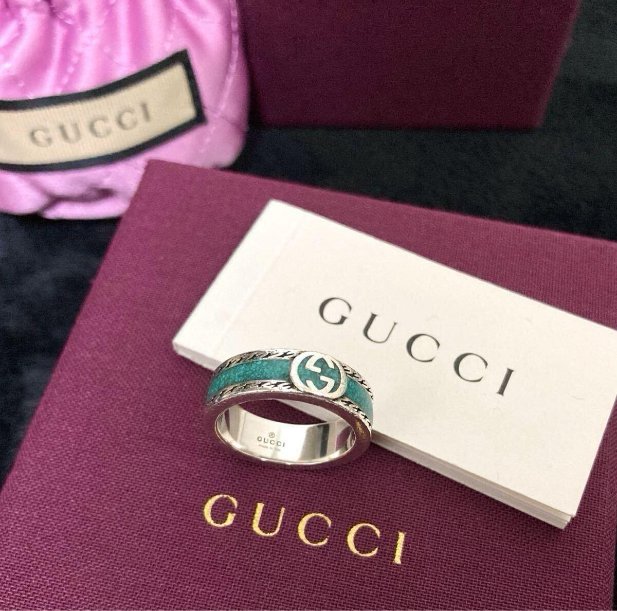 【即決】正規品 GUCCI/グッチ インターロッキングG/GGロゴ 14号刻印 ターコイズ/シルバー925 グリーン×シルバー 指輪