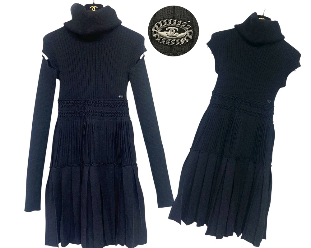 美品◎2WAY！CHANEL シャネル 08A 2WAY タートルネックワンピース 36 プリーツスカート ブラック系 長袖＆ノースリーブワンピ 取り外し可