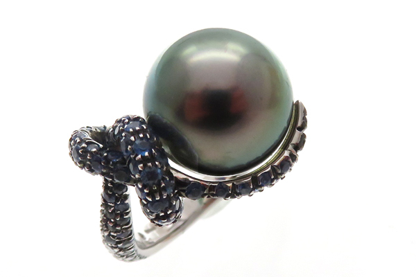 超レア！！美品◎MIKIMOTO ミキモト 750WG 天然ブラックパール×サファイア デザインリング 約13号 黒真珠約11.8mm 約8.7g 18金パール