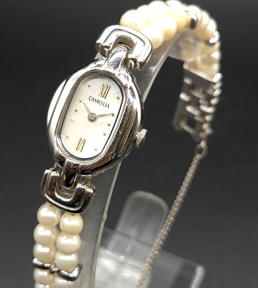 ■【26年1月電池交換】MIKI Corporation ミキコーポレーション CAMELLIA カメリア パール 腕時計 シェル文字盤 ブレス 稼働 コマ有
