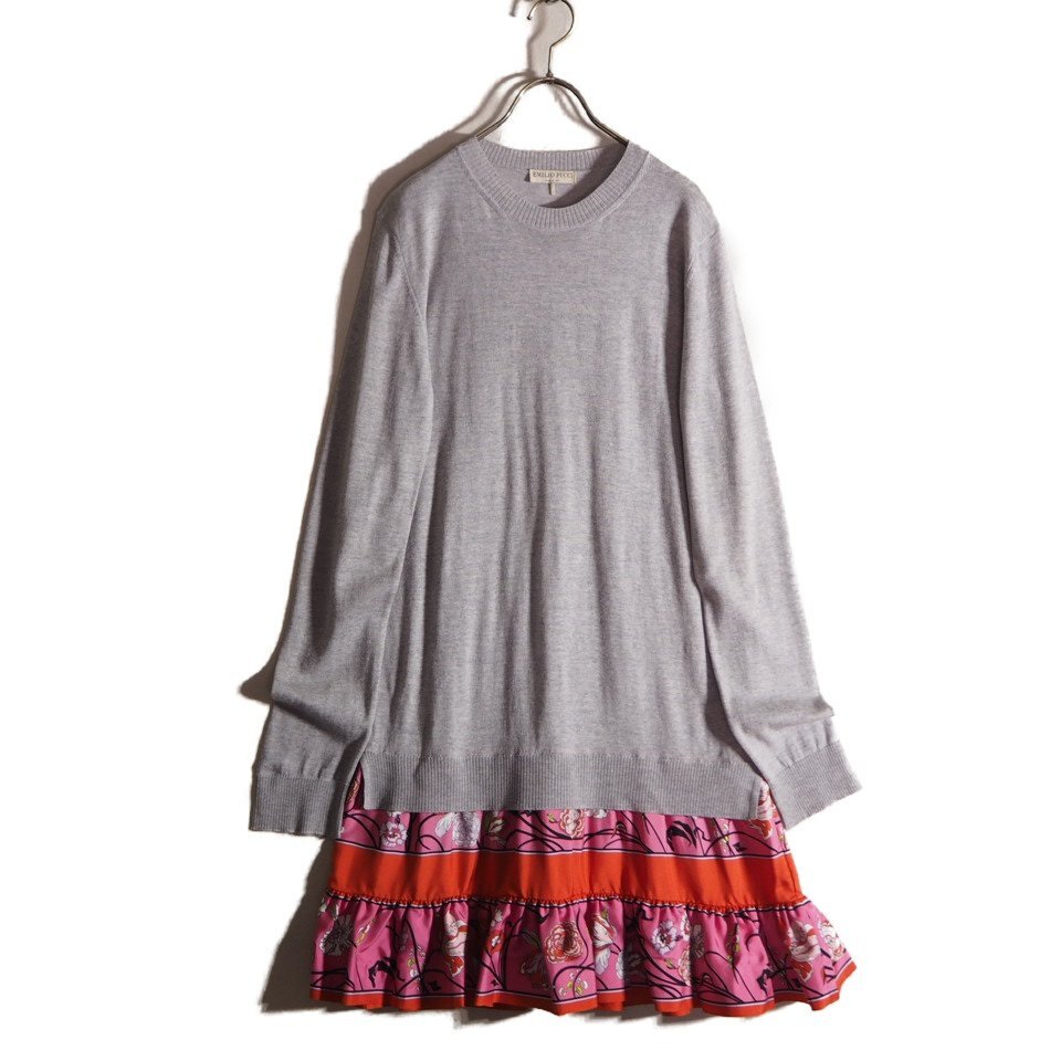 P7606f61　▼EMILIO PUCCI エミリオプッチ▼　76KG20 スカートシルク 切り替え ウールニット ワンピース グレー 花柄 M 春秋
