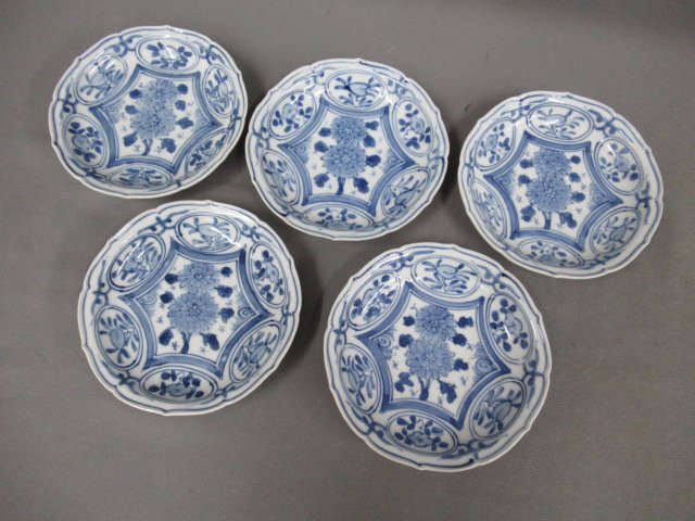 【染付・輪花型　花紋様小皿　五客】時代物　中国陶磁　径・12.5cm　会席茶道具　桐箱付　手塩皿・中国古玩　清朝時代