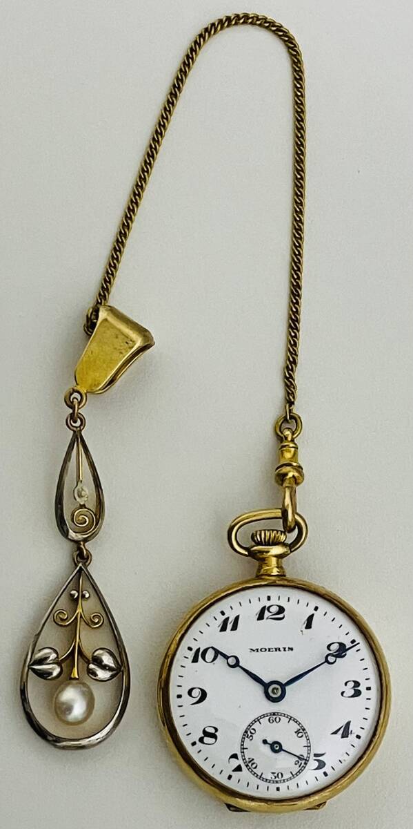 ★ 18金無垢 懐中時計 アンティーク ★ MOERIS モーリス 18金無垢一体ケース No.875298 総重量：16.0g ★稼働品 手巻き式 リューズ動作〇★