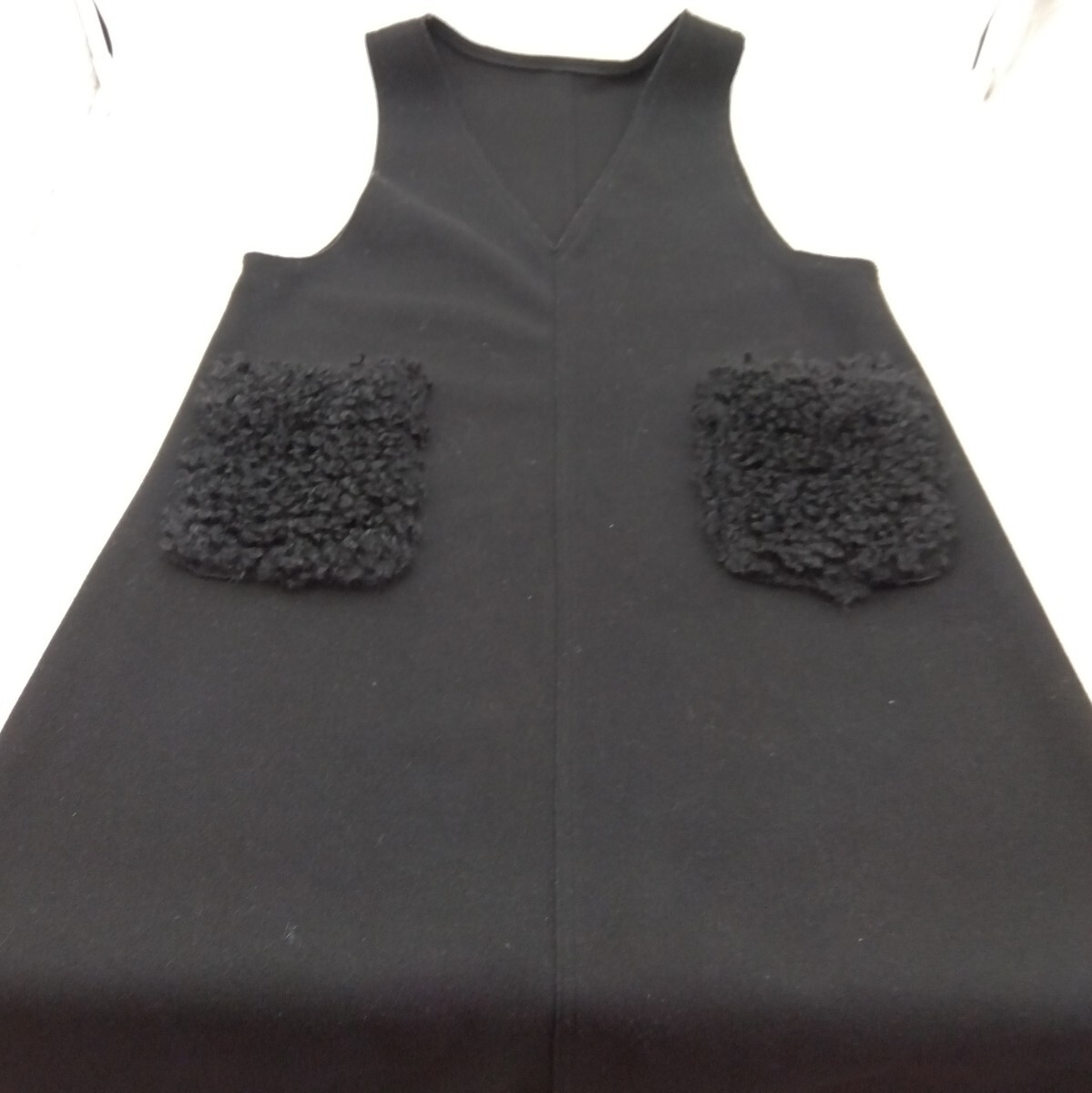 【保管品】Style Ravie 黒 ブラック フェイクウールフェルト Ｖネック ロング ワンピース ノースリーブ スカート 秋冬用 シンプル DM0114O
