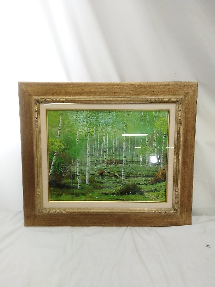 早瀬遼 白樺林 額絵 油絵 絵画 額装付き 風景画 / 名古屋発1-39☆