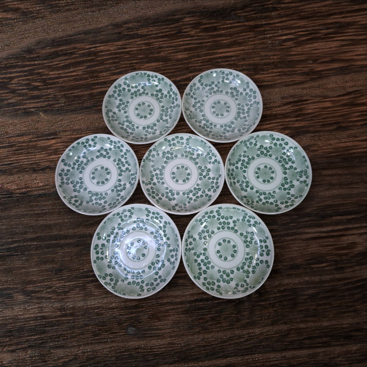 管W174 時代物 印判 菊文 緑絵 小皿 直径11cm 裏印なし 和食器 7枚セット