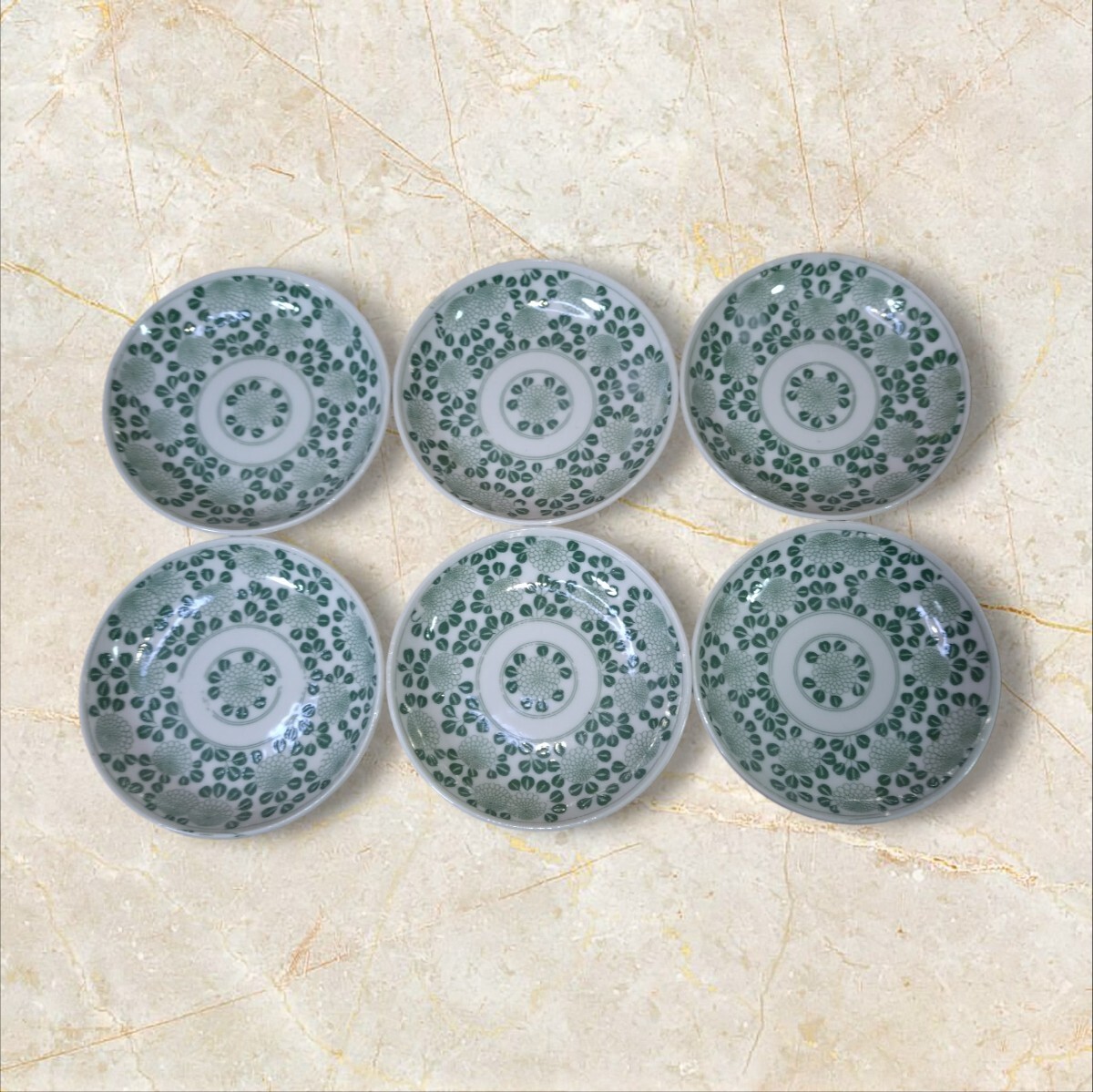 管W173 時代物 印判 菊文 緑絵 小皿 直径11cm 裏印なし 和食器 6枚セット