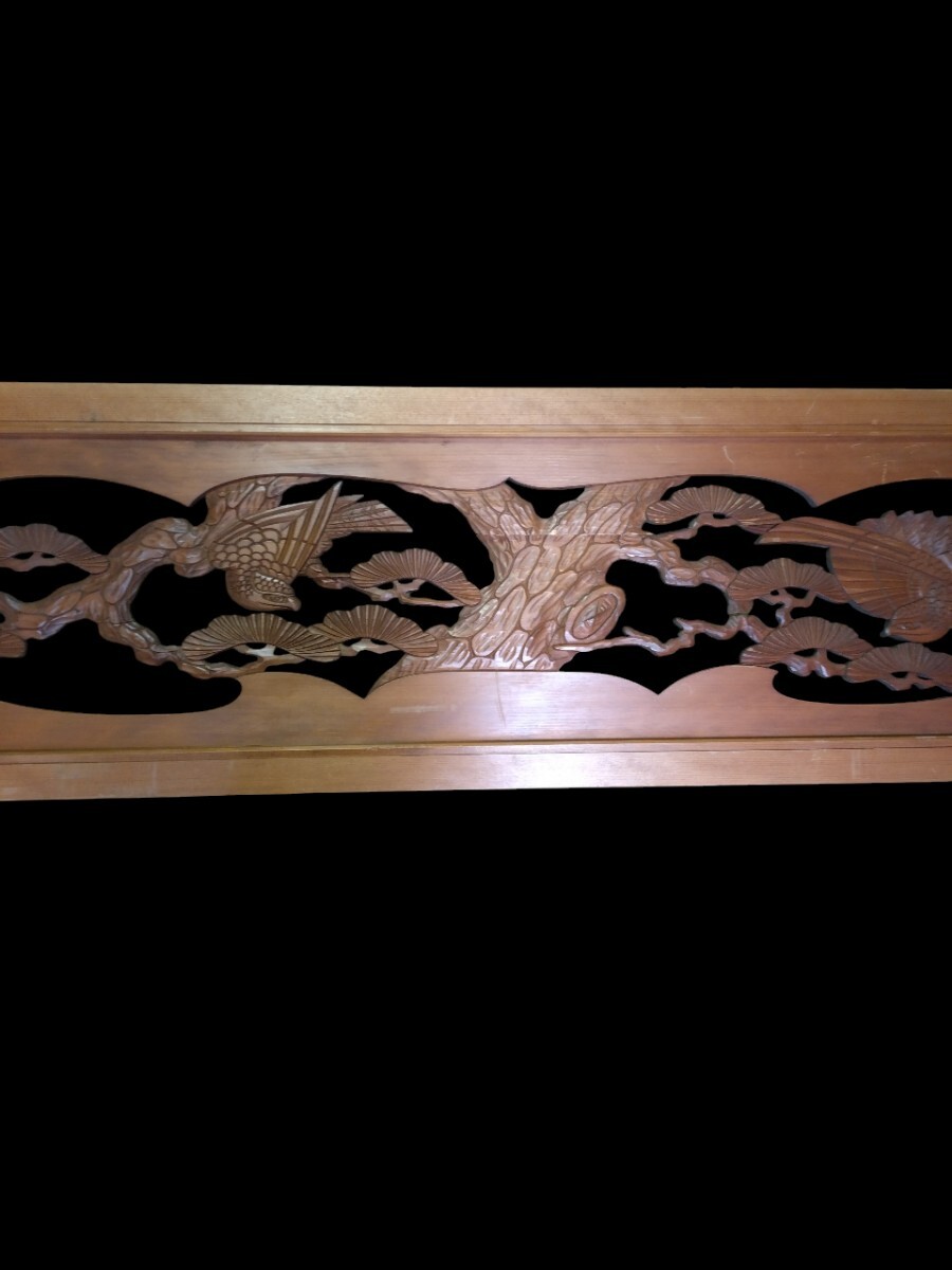 管W049 欄間 彫刻欄間 松に鷹 和室 建具 古民家 木彫 木製欄間 1枚 幅181㎝ 奥34㎝ 厚み4㎝ 昭和レトロ 古道具