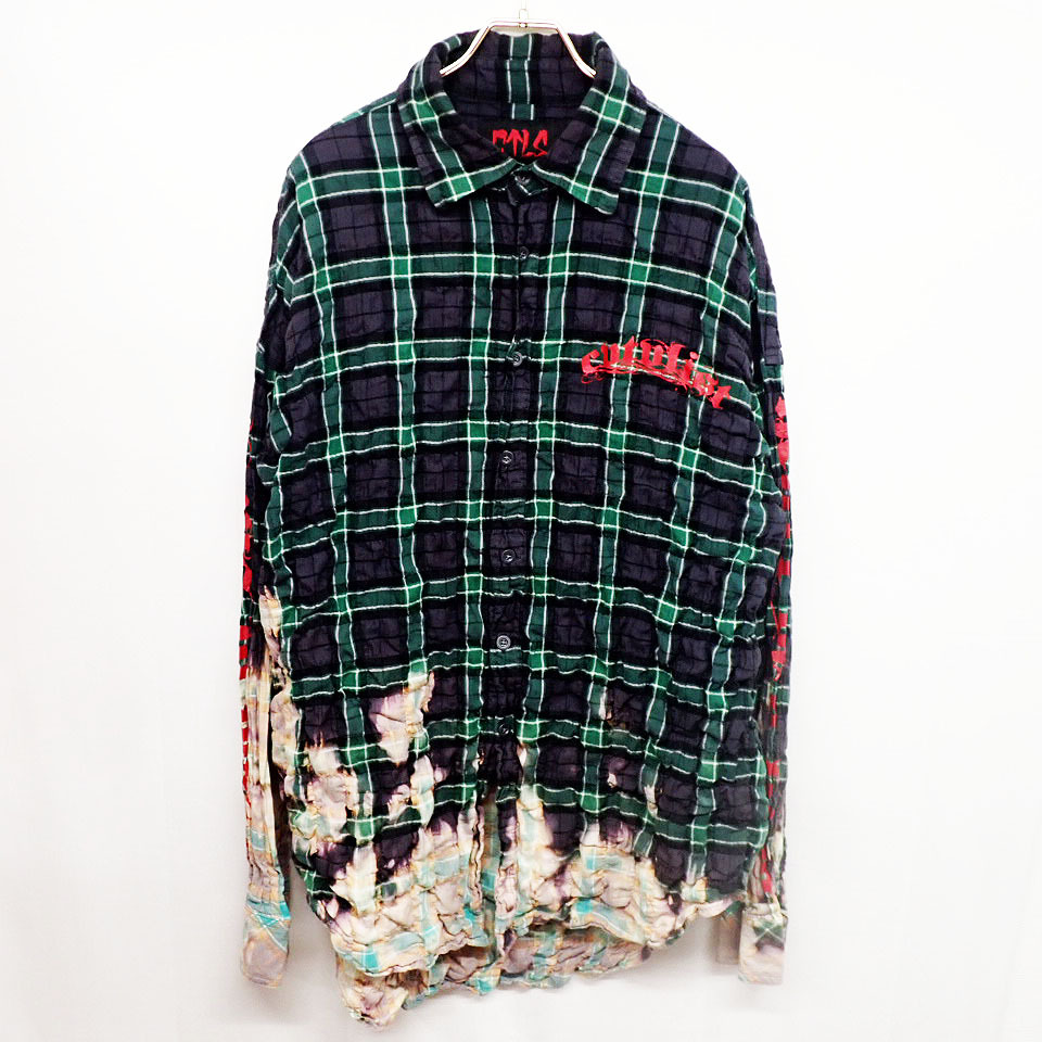 kkm5637 チェックシャツ CVTVLIST（カタリスト）ブリーチ加工 シワ加工 プリント サイズ2 CTLS グリーン系 2201030201