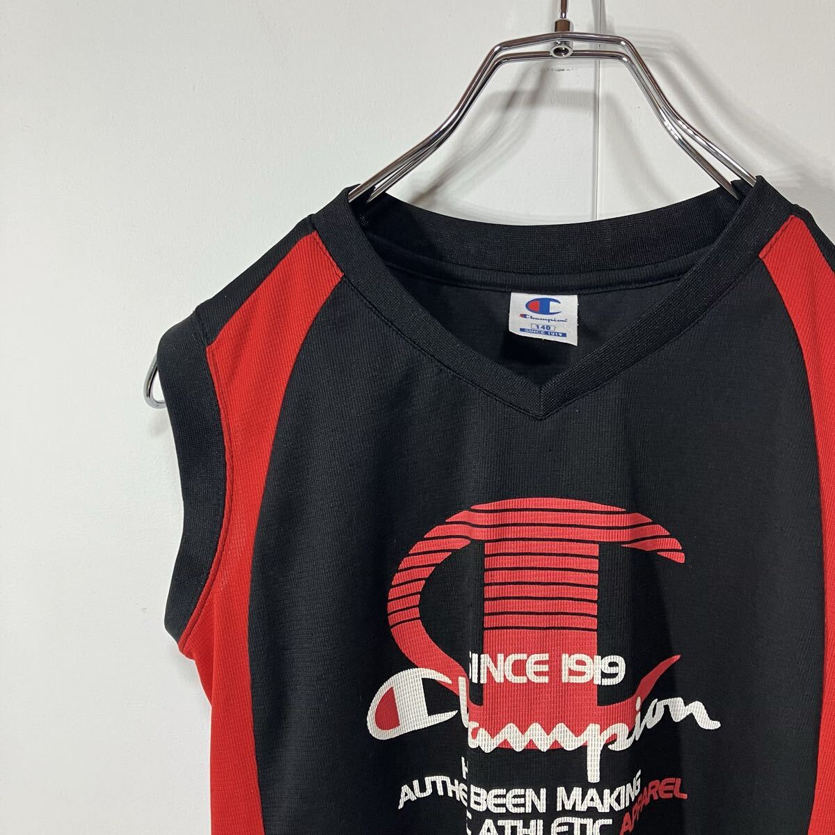 Champion チャンピオン ロゴ プリント 切替 ドライ ノースリーブ Tシャツ ブラック レッド 140