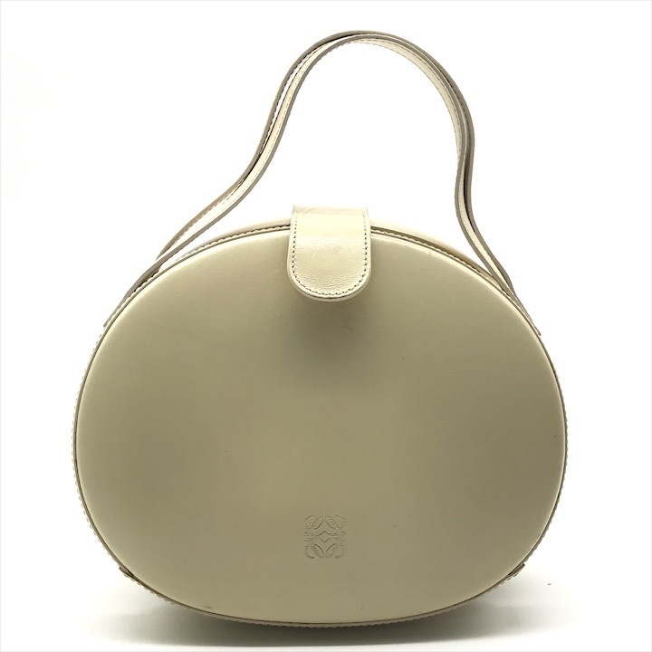 良品 LOEWE ロエベ ヴィンテージ アナグラム ミニ ラウンド ハンド バッグ レザー ベージュ レディース ブランド 鞄 かばん r717