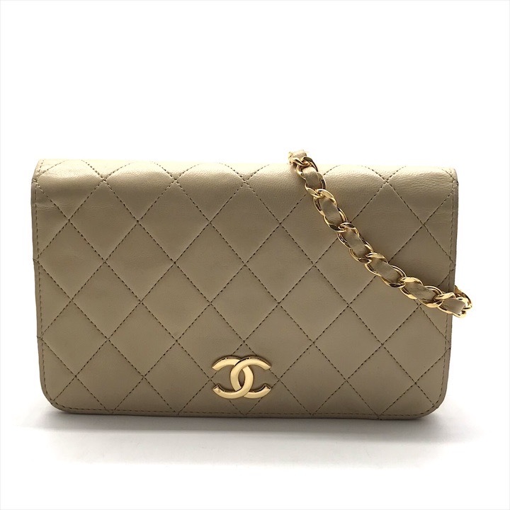 良品 CHANEL シャネル ココマーク ミニ マトラッセ プッシュロック チェーン ショルダー バッグ ベージュ ラムスキン レディース 鞄 k7282
