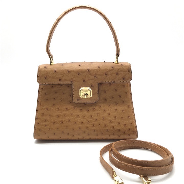 美品 Herno ヘルノ レザー オーストリッチ 2WAY ミニ ハンド ショルダー バッグ オレンジ系 ブランド 鞄 BAG k7309