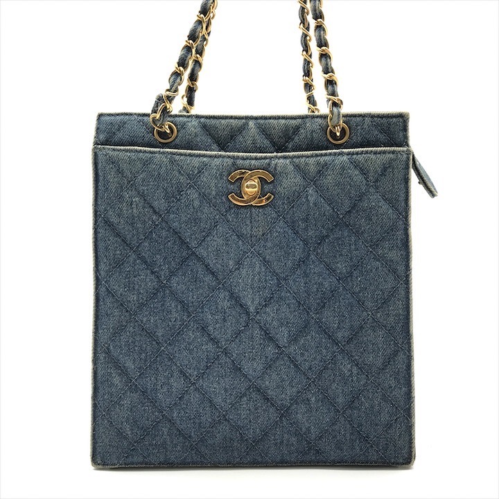 良品 CHANEL シャネル ココマーク デニム マトラッセ ヴィンテージ チェーン トート ショルダー バッグ 肩掛け ブルー レディース a11561