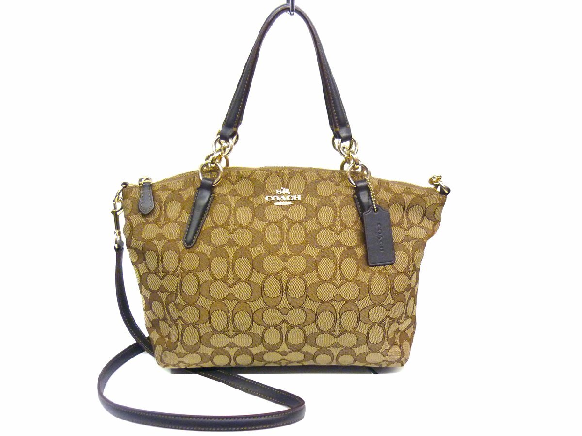 在庫処分特価！　COACH　コーチ　アウトラインシグネチャー　2way　ショルダーバッグ　斜め掛け　カーキ×ブラウン