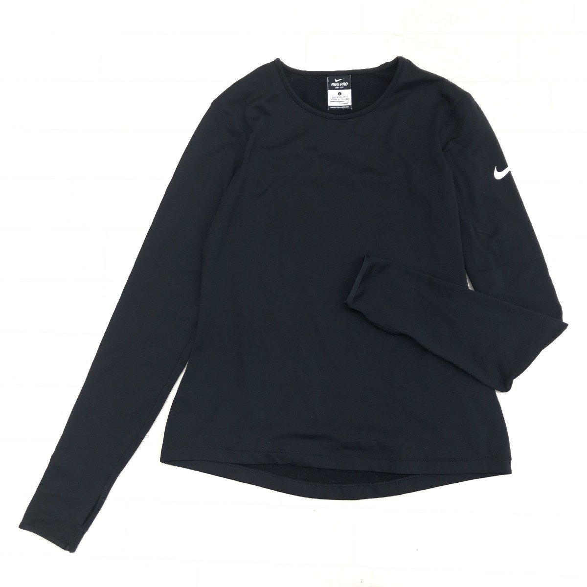 NIKE PRO ナイキ 裏起毛 ストレッチ トレーニング シャツ L 黒 ブラック カットソー インナーシャツ Tシャツ スポーツ レディース 婦人
