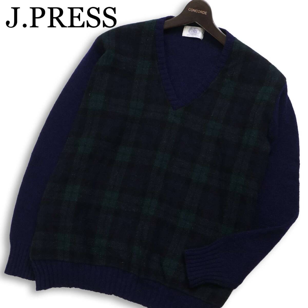 J.PRESS ジェイプレス 秋冬 ウール100％★ チェック タータン ブラックウォッチ セーター プルオーバー ニット Sz.L メンズ