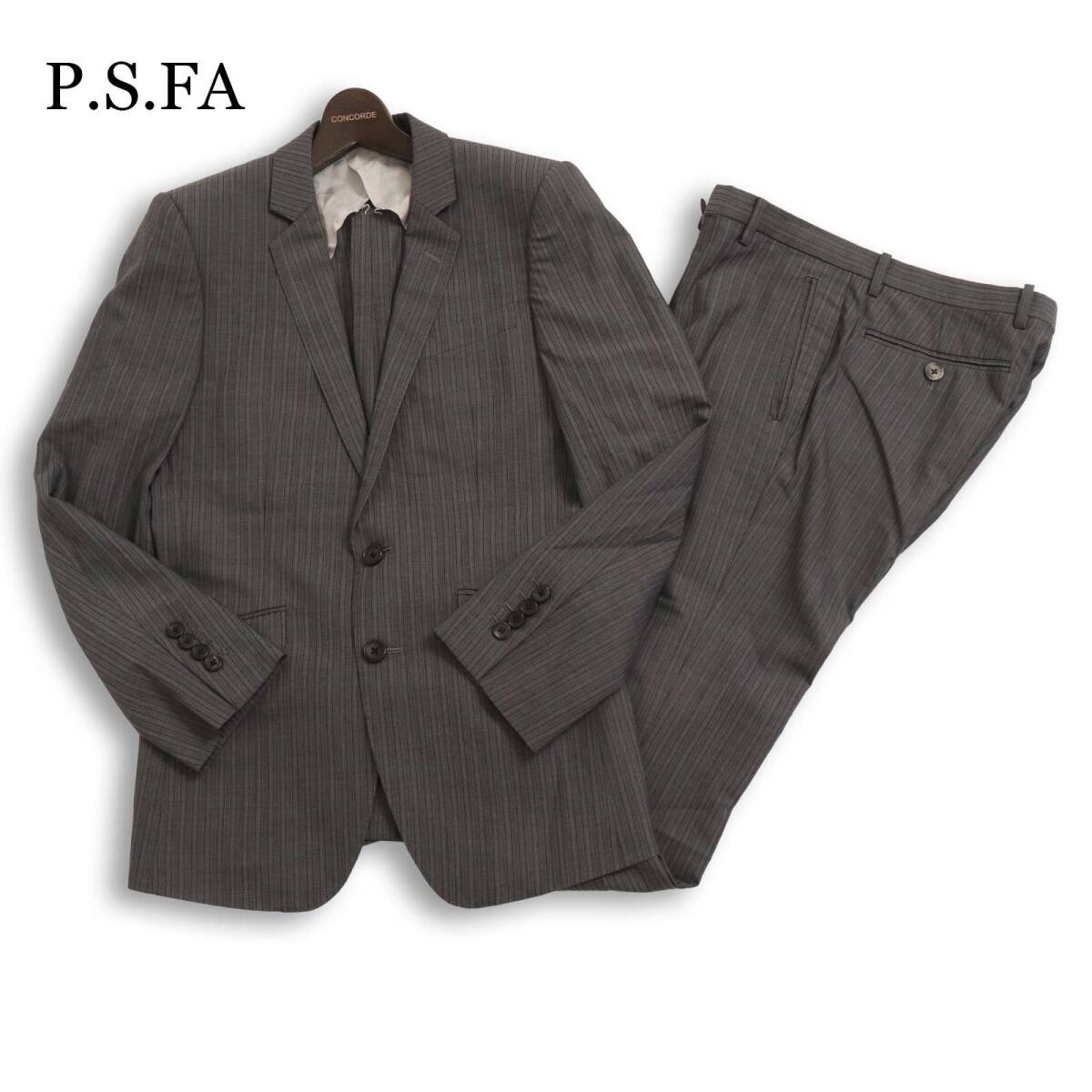 P.S.FA パーフェクトスーツファクトリー 通年 背抜き ストライプ ジャケット パンツ スーツ セットアップ Sz.90Y5 メンズ 灰