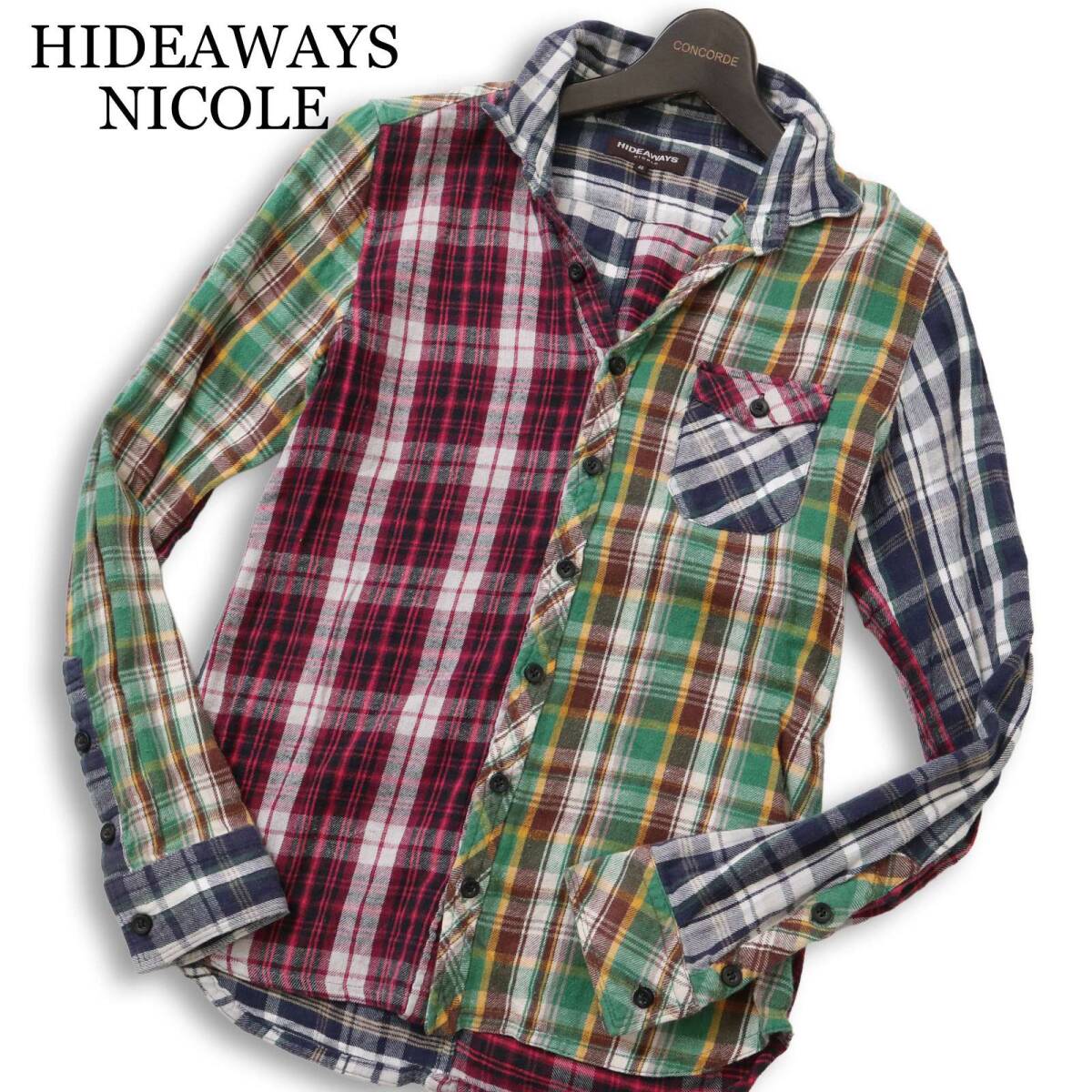 HIDEAWAYS NICOLE ハイダウェイ ニコル 秋冬 クレイジー切替★ 長袖 チェック フランネル シャツ Sz.46 メンズ