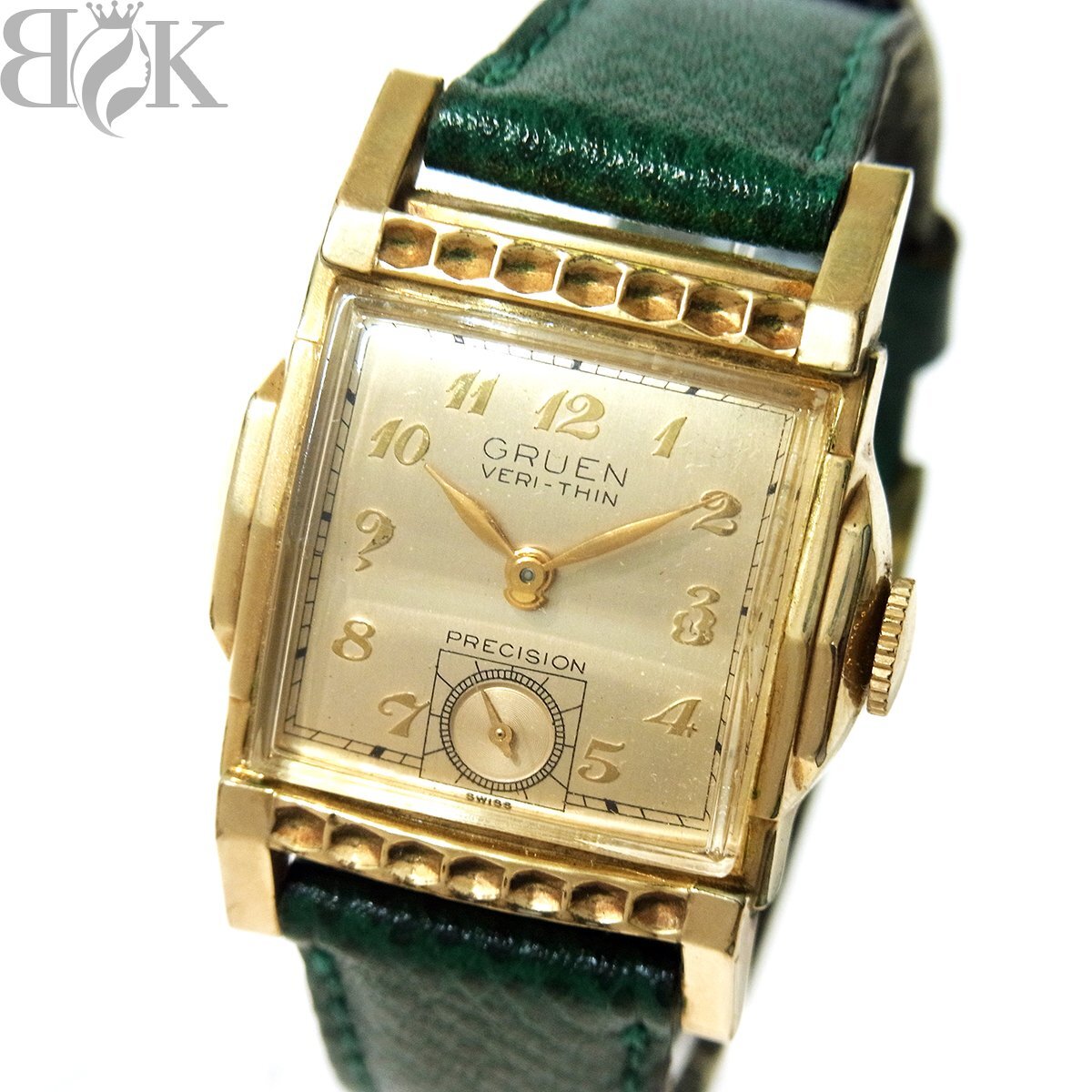 グリュエン・ヴェリシン メンズ 腕時計 スモセコ 手巻き ゴールド文字盤 レザーベルト社外品 ヴィンテージ 動作品 GRUEN VERI-THIN 〓