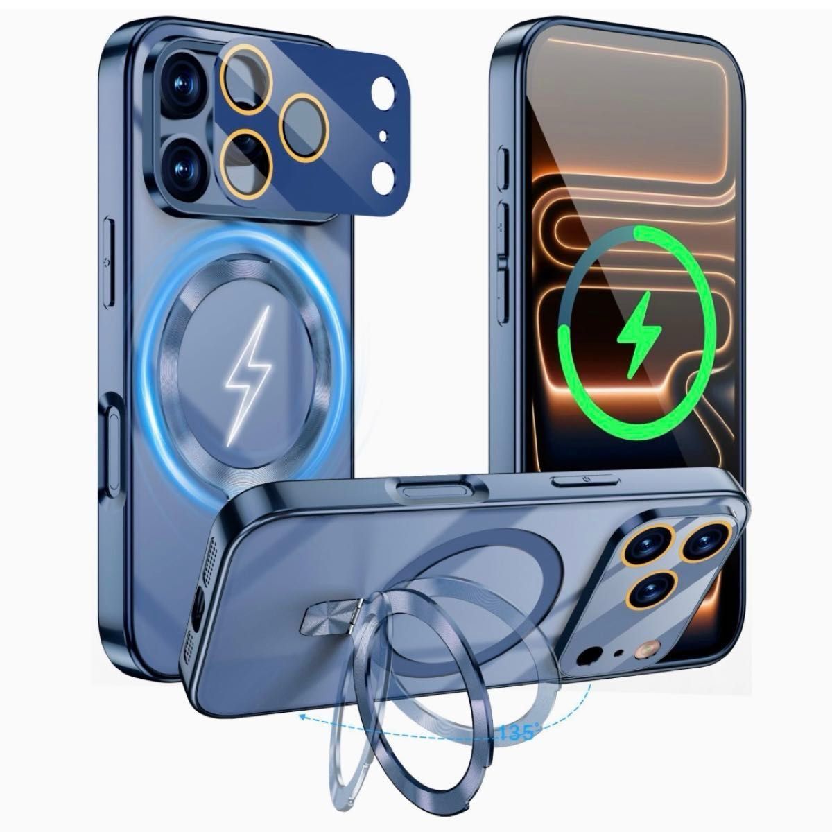 iPhone17ProMaxケース MagSafe 折り畳みスタンド 耐衝撃 全面保護 ワイヤレス充電 米軍MIL規格 リングスタンド ブルー