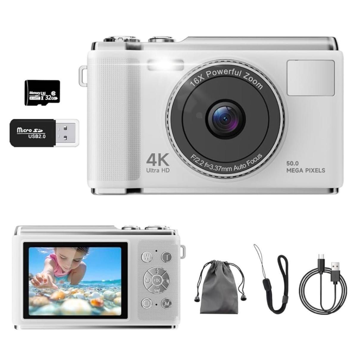 デジカメ コンパクト 4K コンパクトカメラ コンデジ デジタルカメラ オートフォーカス 16倍ズーム 手ぶれ補正 5000万画素 初心者 ホワイト
