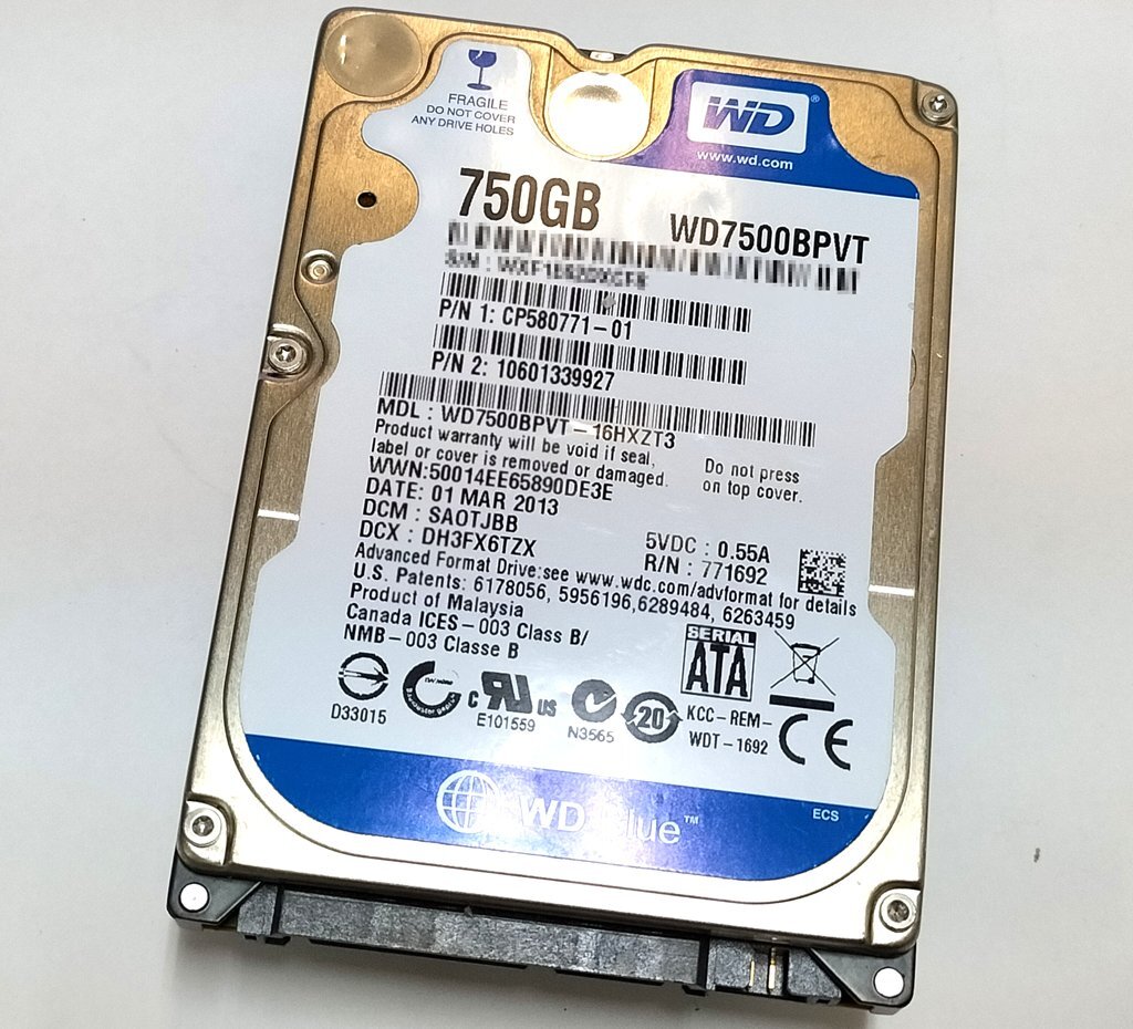 (起動1035回/稼働1657時間)Western Digital WD7500BPVT-16HXZT3 750GB 2.5インチ 9.5mm厚 SATA300 5400rpm DXCF8
