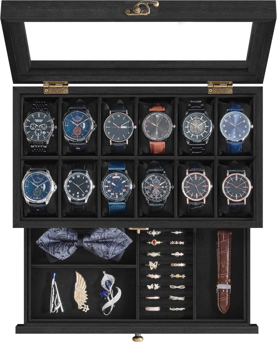 【新品】 SONGMICS 時計ケース 12本 木製 引き出し付き 腕時計収納 コレクションケース 