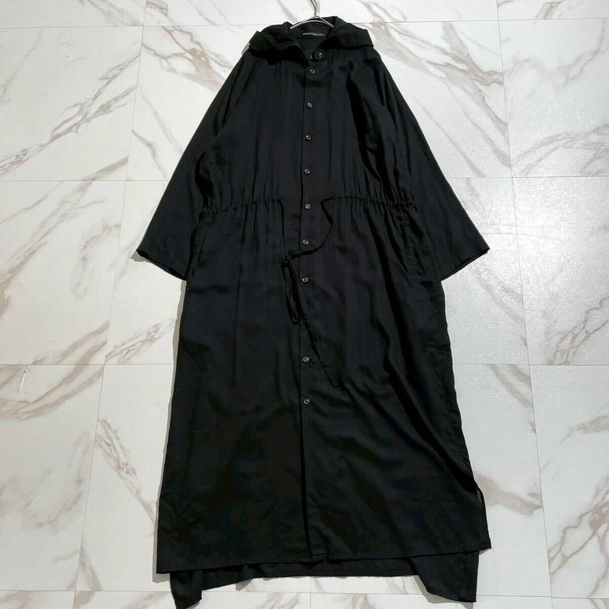 極美品◆Yohji Yamamoto ロングシャツ ワンピース コート 2way フード着脱可 マキシ丈 テンセル ブラック 黒 L位 メンズ可 ヨウジヤマモト