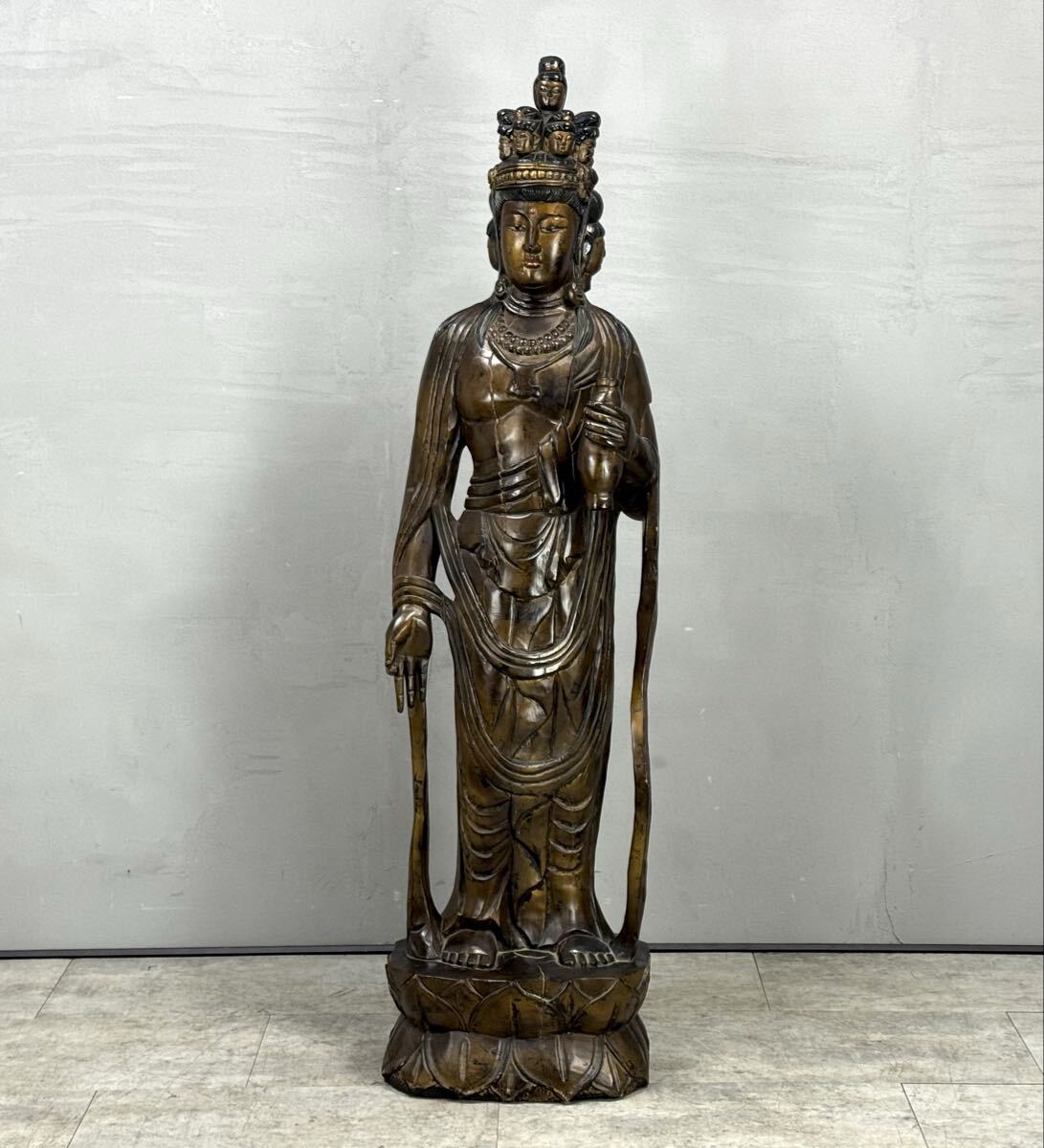 仏教美術 十一面観音菩薩立像 十一面観世菩薩 全長約154cm 仏像 佛像 寺院 仏閣 細密彫刻 骨董品 古美術品■兵庫県姫路市から A26-003