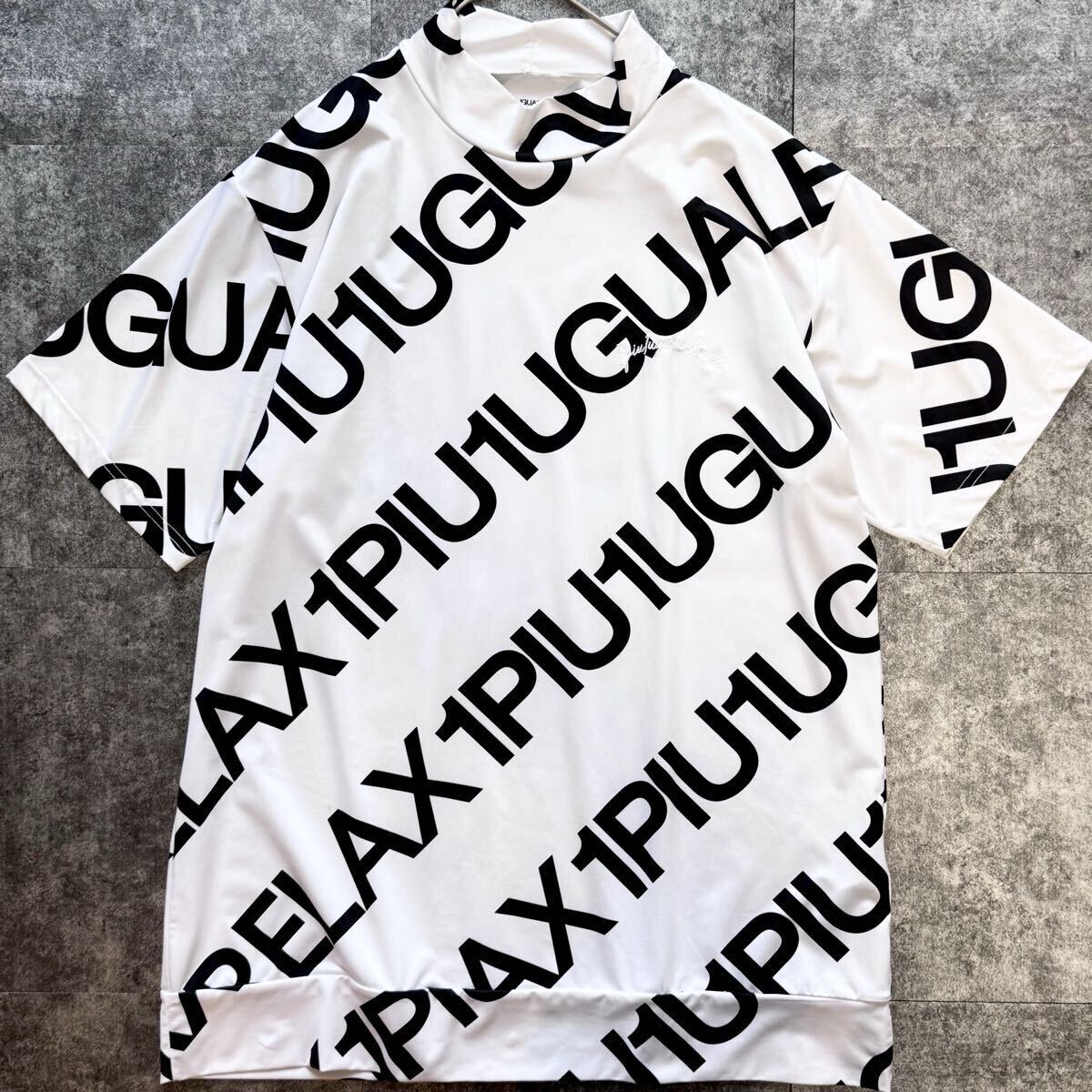 極美品/希少XL◎ウノピゥウノウグァーレトレ ロゴ総柄 モックネック 半袖カットソー Tシャツ 1PIU1UGUALE3 RELAX ロゴ刺繍 メンズ ゴルフ
