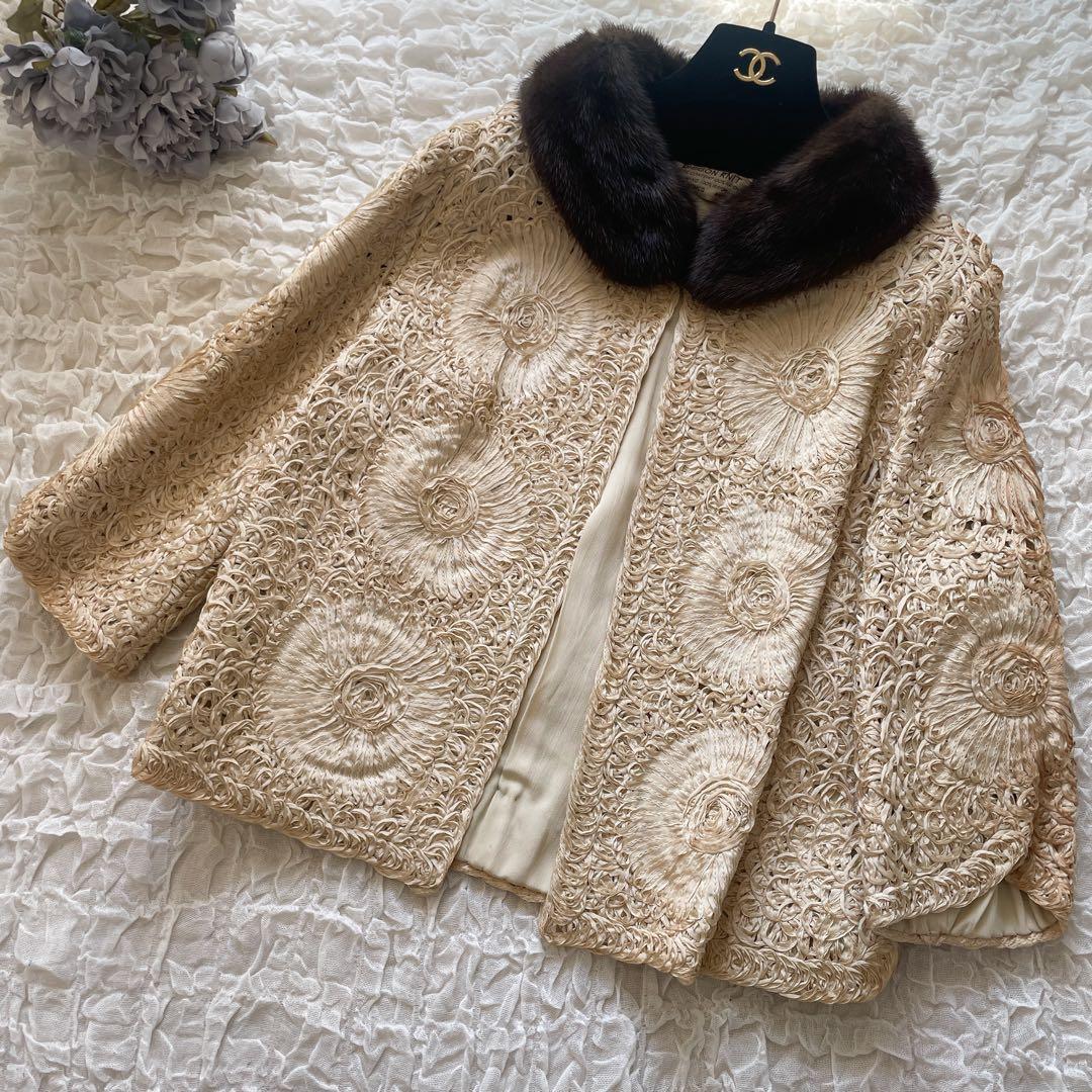 希少！50Sヴィンテージ　ミンクファー襟　リボンニット　ジャケット　ボレロ vintage Antique　結婚式　二次会