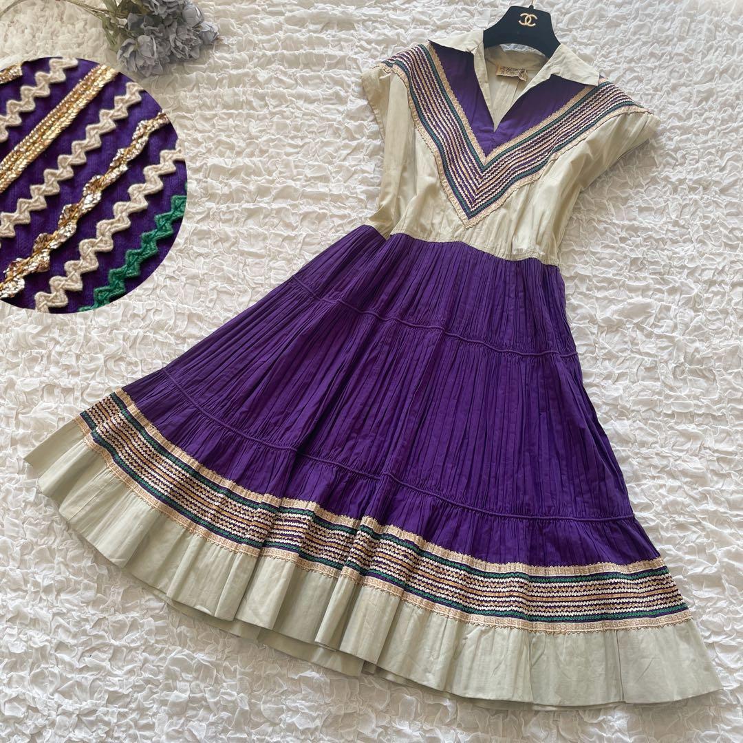 40S～50S　ヴィテージ　メキシカンパティオワンピース　アコーディオンプリーツ　vintage　ロカビリー ウエスタン メキシカン 民族衣装