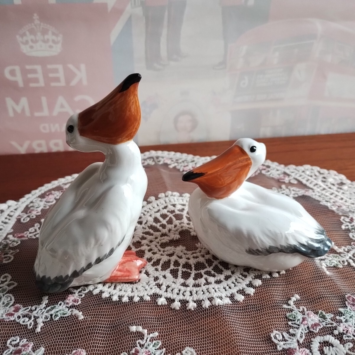 ヴィンテージ ペリカン フィギュリン 置物 オブジェ 2羽セット 陶器製 鳥 番 ツガイ 雑貨 アニマル インテリア小物 フィギュア ミニチュア