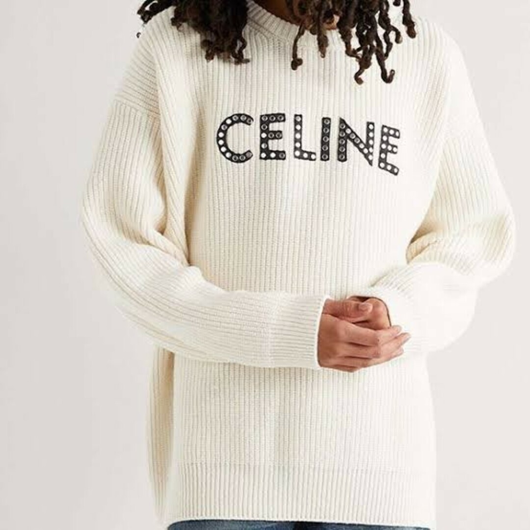 定価24万円 セリーヌ スタッズ ロゴニット sサイズ オーバーサイズ オフホワイト 白 CELINE 44 46 厚手 セーター ウール バッグ コート