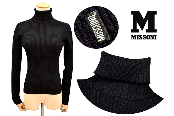 Y-8665★美品★MOSCHINO JEANS モスキーノジーンズ★イタリア製 ブラック黒 ラムウール リブニット タートルネック セーター 44