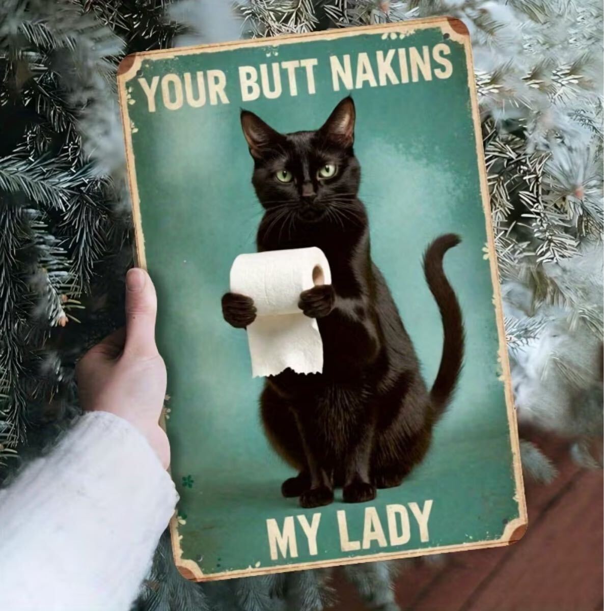 ■新品■ブリキプレート【看板】インテリア【672 黒猫　トイレットペーパー】レトロ　ガーデンオブジェ　ガーデニング　雑貨