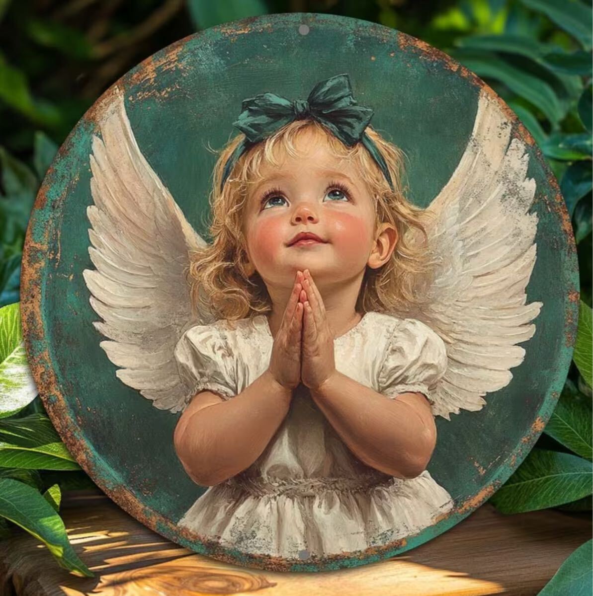 ■新品■ブリキプレート【看板】インテリア【534 天使】アンティーク調【円形】エンジェル　レトロ　ガーデンオブジェ　ガーデニング　雑貨