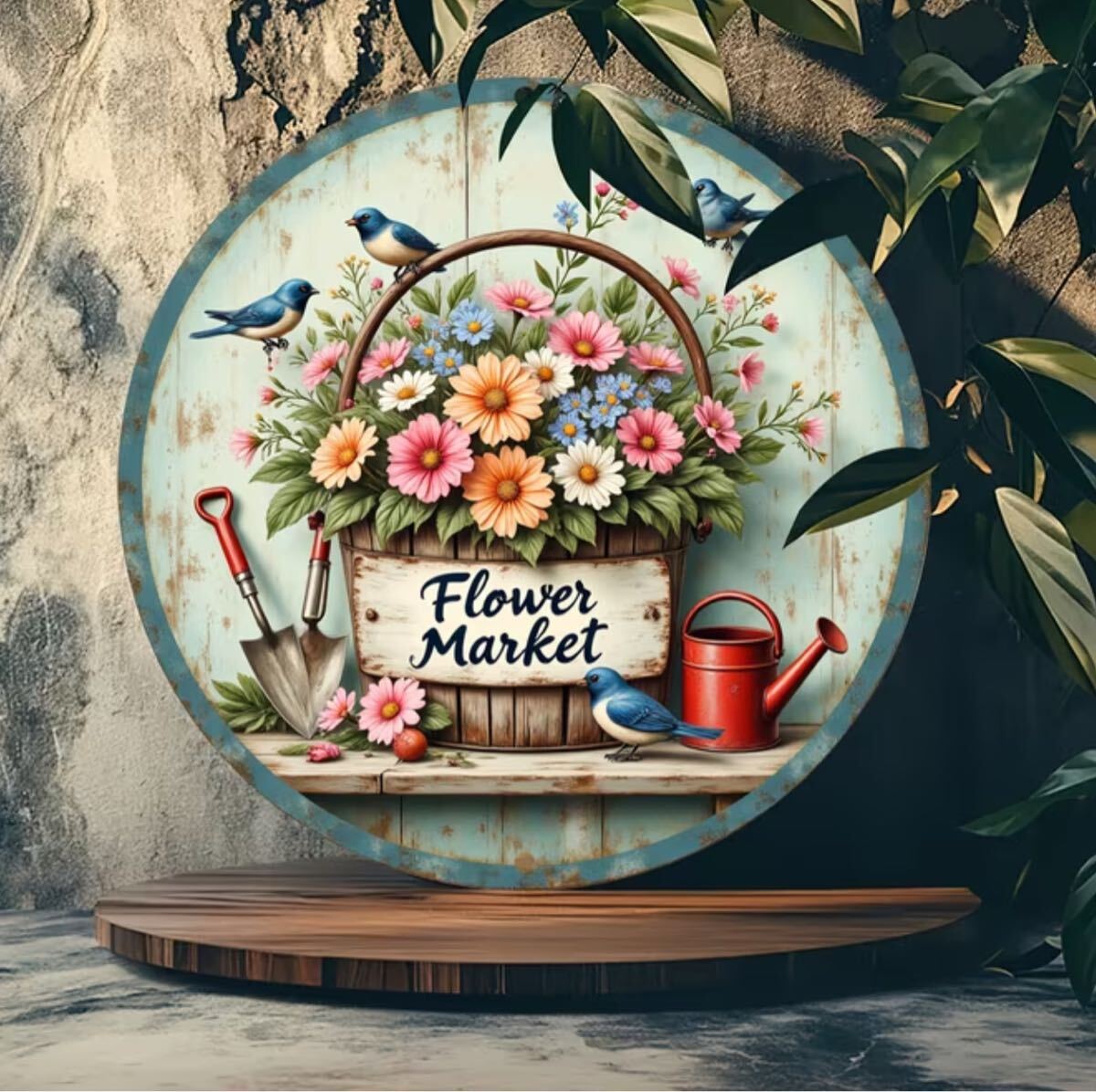 ■新品■ブリキプレート【看板】ガーデンオブジェ【696 小鳥　花】【円形】ガーデニング　雑貨　オーナメント　ビンテージ