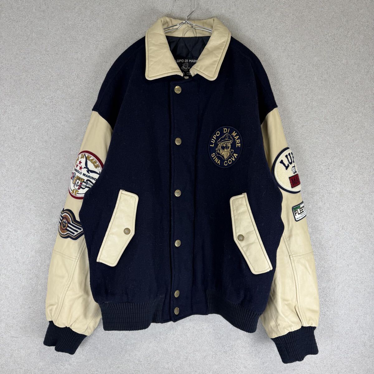 希少 SINA COVA 袖レザー ネイビー オフホワイト ワッペン ジャケット ブルゾン スタジャン ロゴ シナコバ 船長 羊革 ラムレザー sizeL old