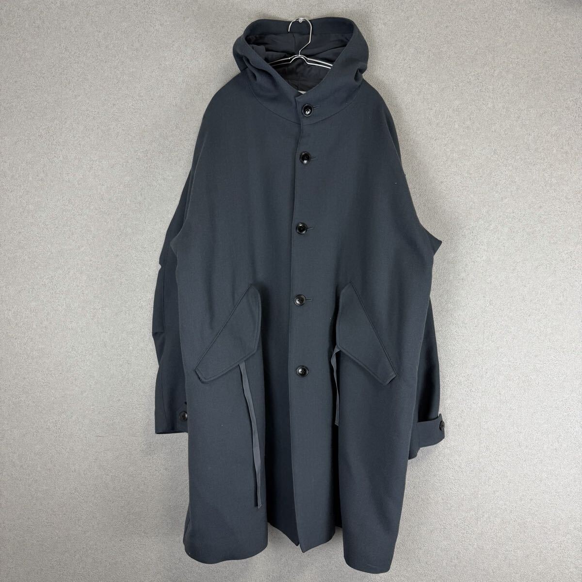 希少 美品 ALLEGE フード ロングコート ミリタリー モッズコート ウールギャバ size 2 アレッジ ネイビーグレー コットン キュプラ