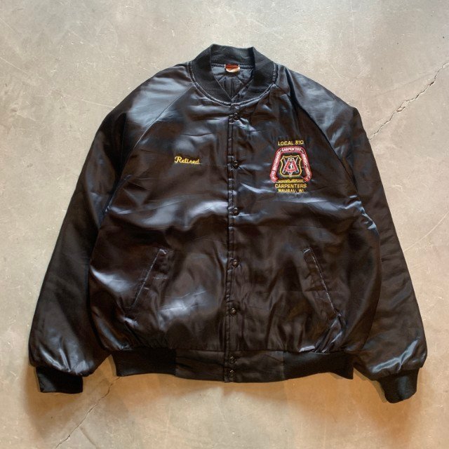 【XL】80s USA製 フリーメイソン 刺繍 ナイロンサテンジャケット ブラック 黒■ビンテージ アメリカ古着 スタジャン 秘密結社
