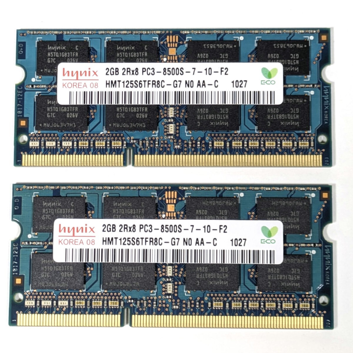 【中古品】PC3　DDR3　メモリ2枚　HYNIX　2GB 2RX8 PC3-8500S-7-10-F2