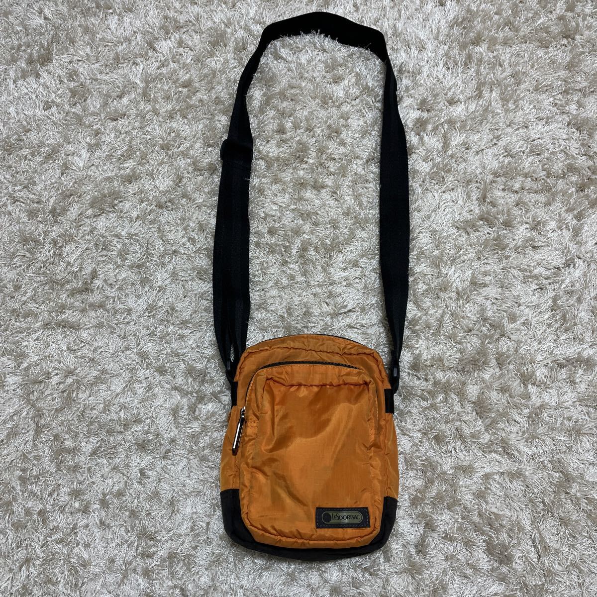 送料600円 美品 LeSportsac レスポートサック ショルダーバッグ ロゴデザイン ナイロン レスキューオレンジ ブラック