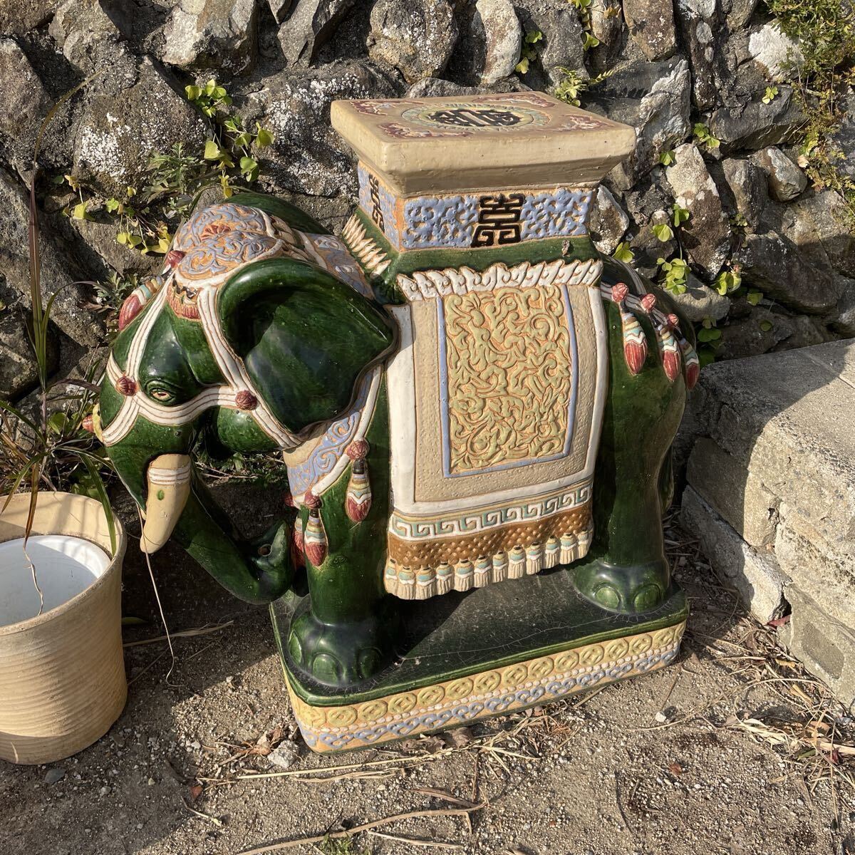 ゾウ 象 花台 陶器製 ガーデニング 置物 アジアン