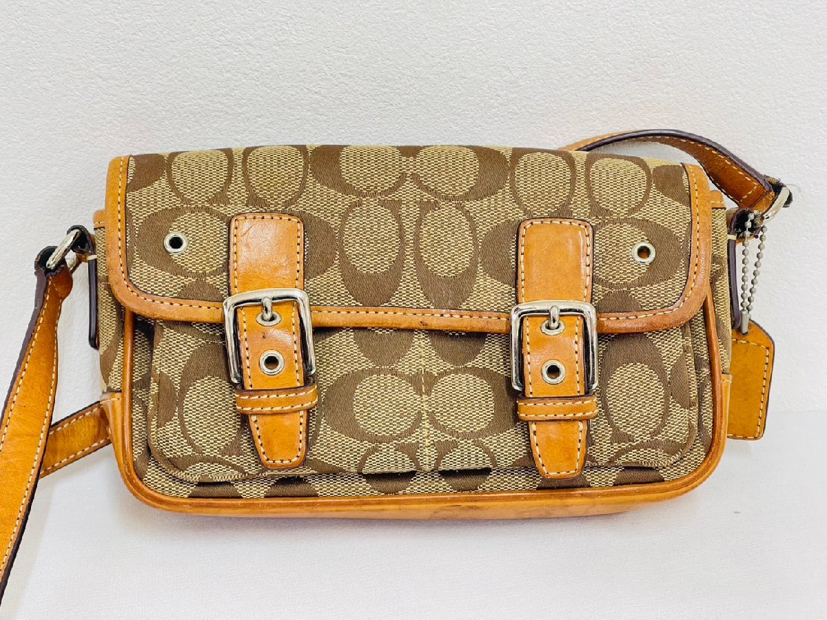 COACH コーチ シグネチャー ショルダーバッグ ブラウン ベージュ キャンバス レザー 鞄