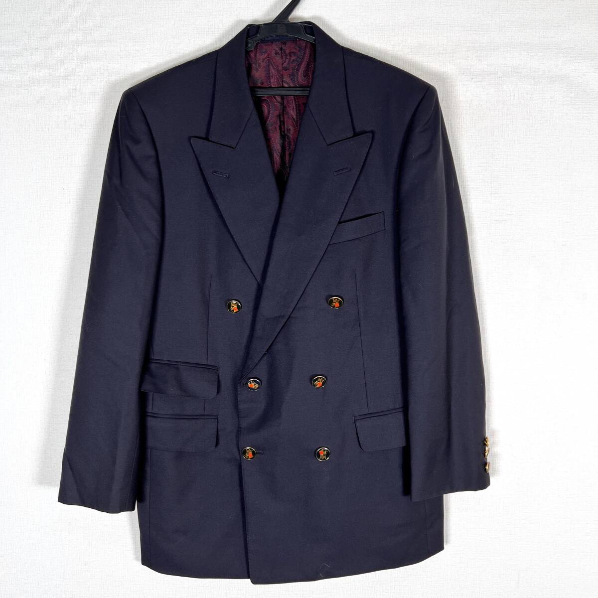 【Aquascutum】アクアスキュータム ネイビー系 金ボタン 紺ブレ ダブルブレスト ブレザー テーラードジャケット 紳士服 メンズ A-5【c048】