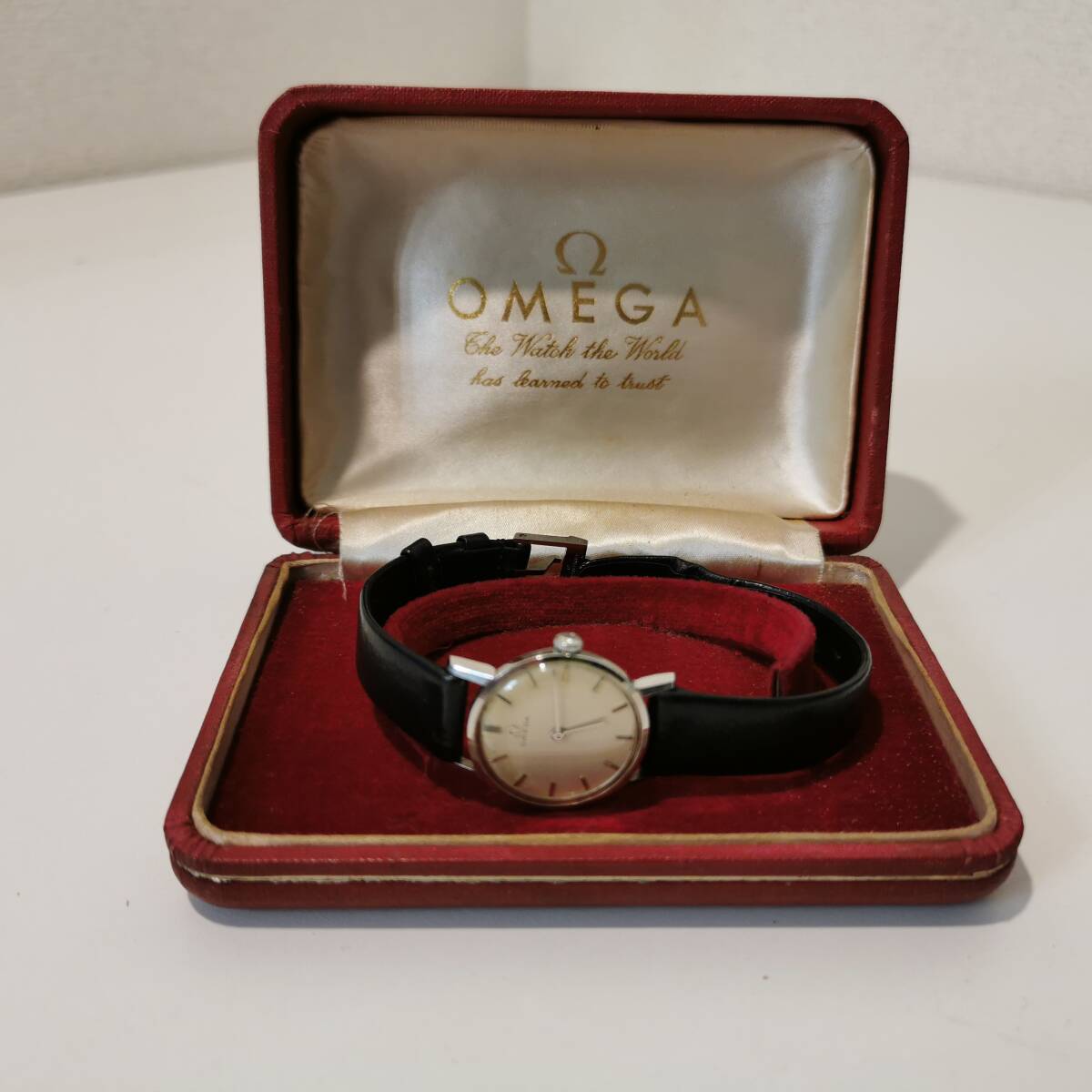 170707S63-0130T4■OMEGA 腕時計■オメガ レディース 手巻き 2針 SS 黒革ベルト 稼働品