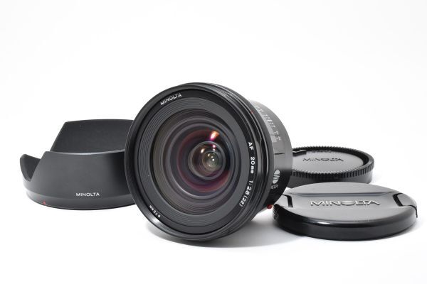 完動美品 Minolta AF 20mm F2.8 (22) Wltra Wide Lens フード付 大口径 単焦点 超広角レンズ / ソニー ミノルタ Sony α A Mount #6565