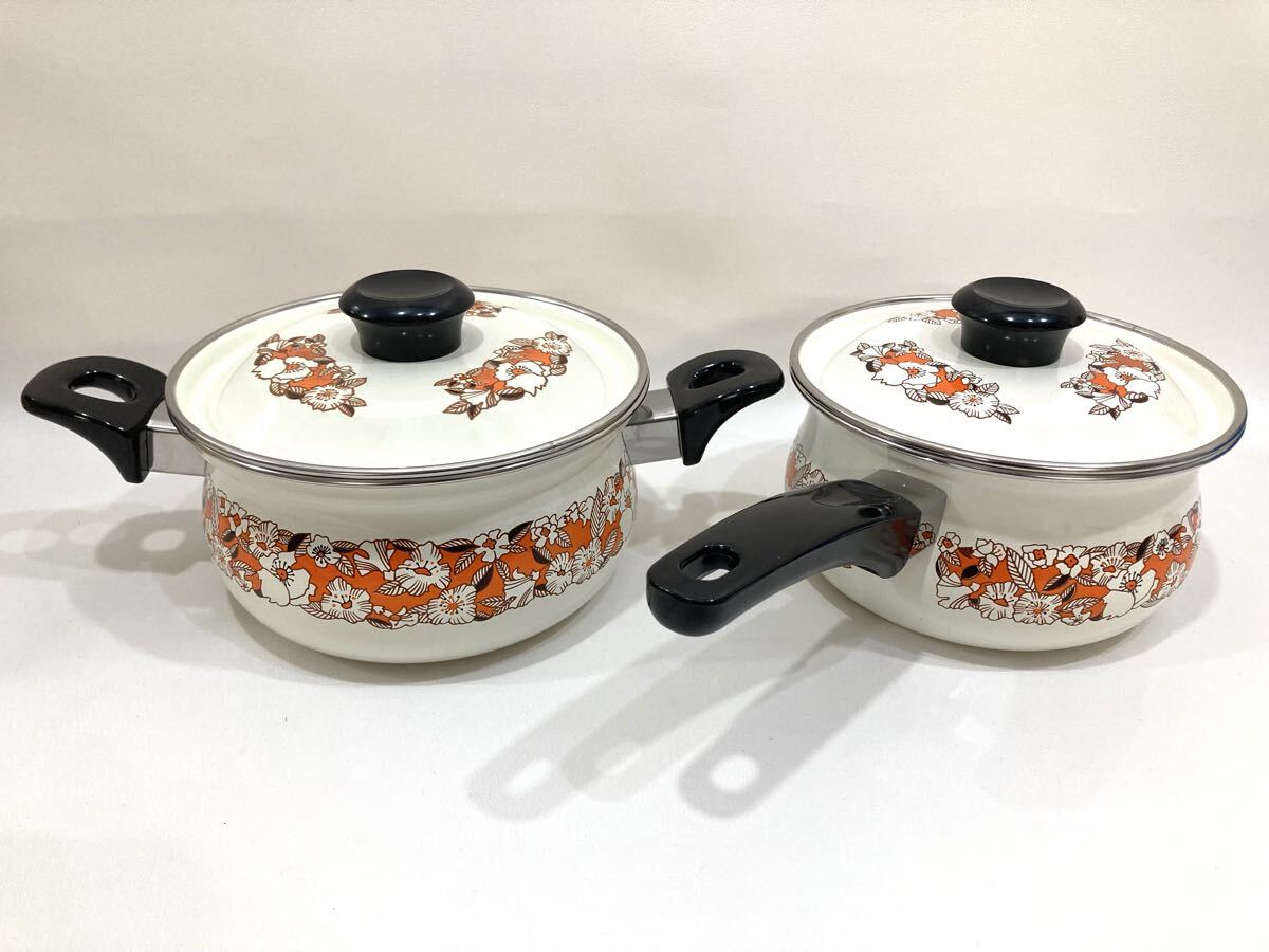 R6A742◆昭和レトロ◆新古品◆ サンコーウェアー カトレア ホーロー鍋 両手鍋 片手鍋 花柄 レトロ 琺瑯 2個セット